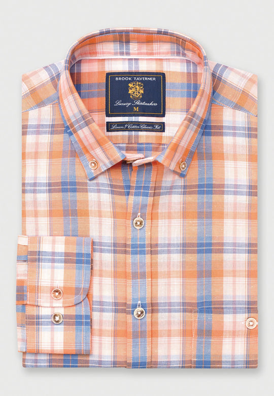 Camisa de Lino y Algodón, Apricot Check