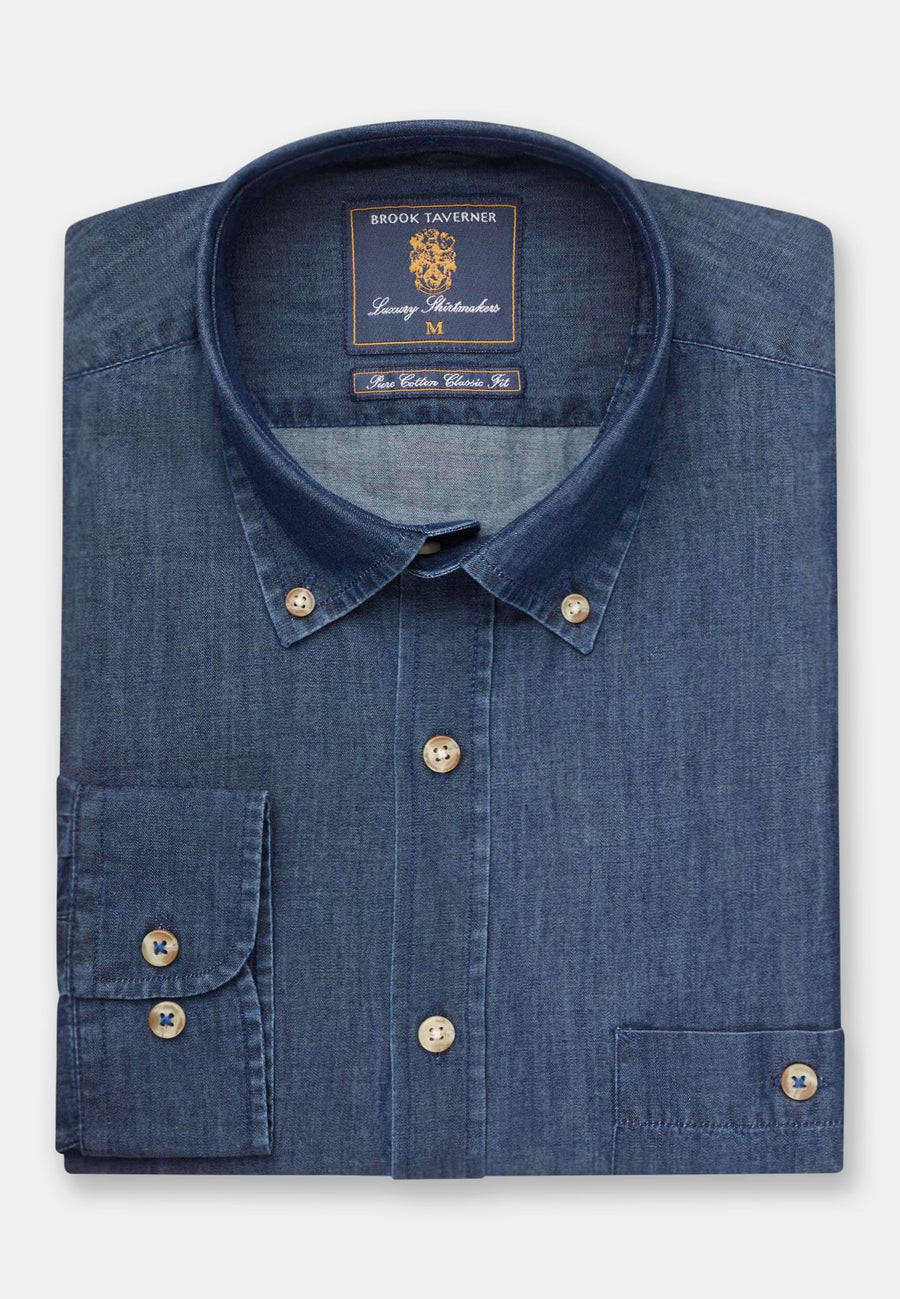 Camisa de Algodón, Denim Navy Chambray Brook Taverner