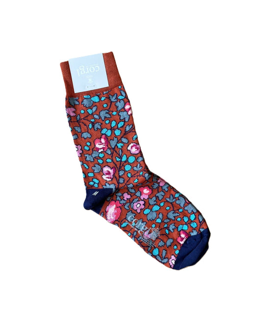 Calcetin Mujer 75% algodón, Flores sobre naranjo M