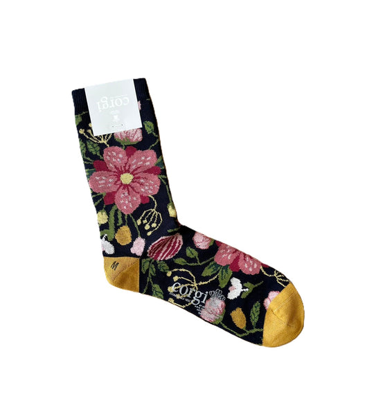 Calcetin Mujer 75% algodón, Flor rosada sobre azul M