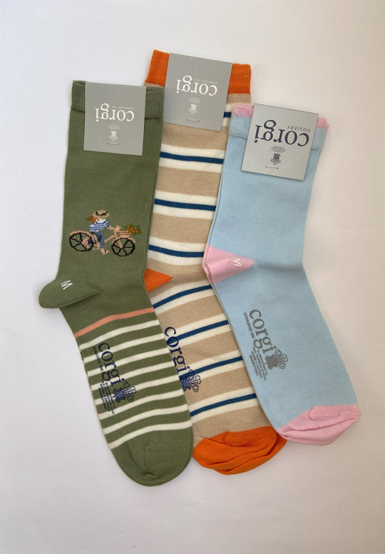 Calcetin Corgi Mujer 75% algodon, Bicicleta primaveral, en Pack de tres pares