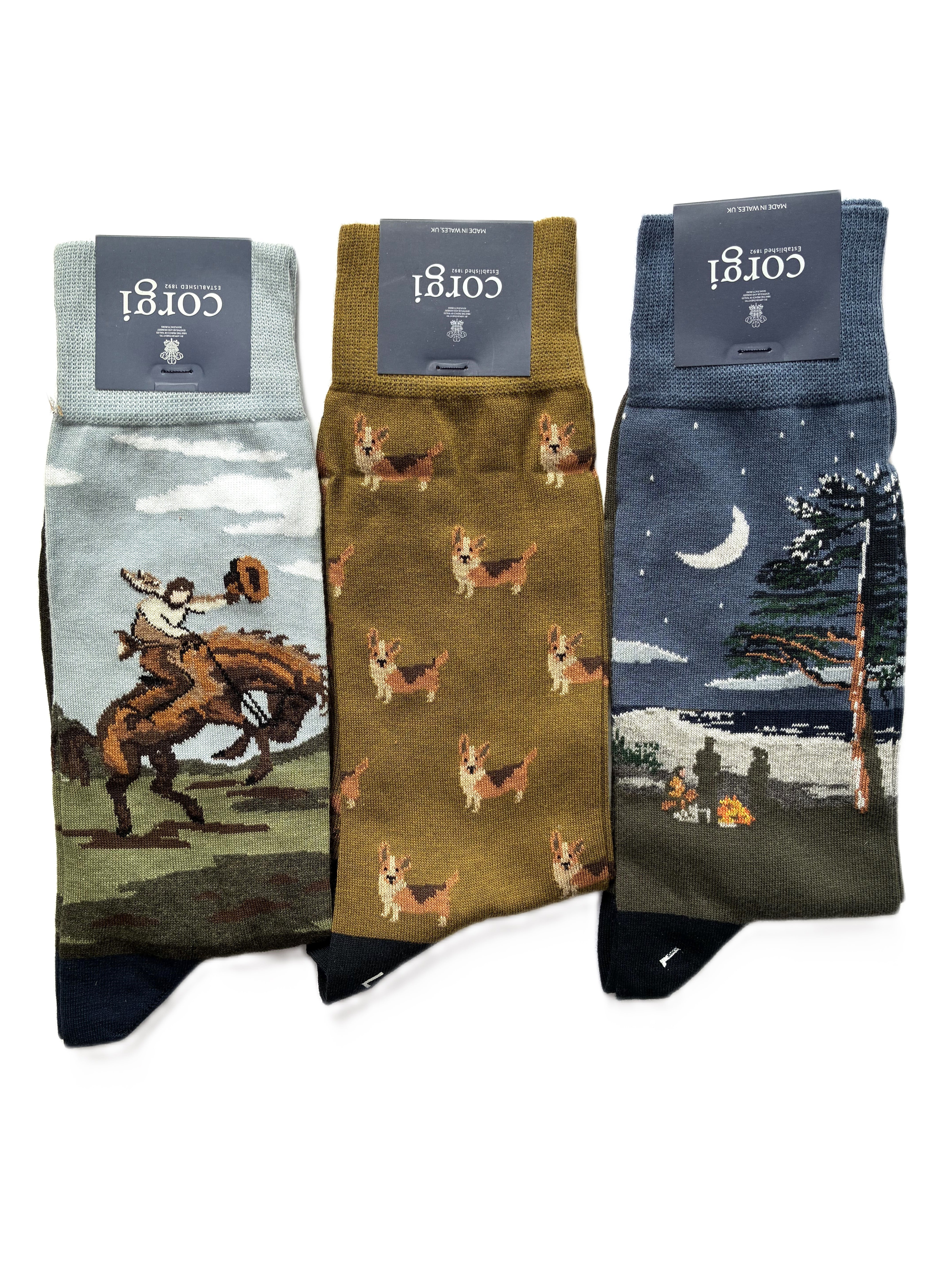 Calcetines 75% algodón delgado, Perros Corgis mas 2 paisajes L, Pack 3