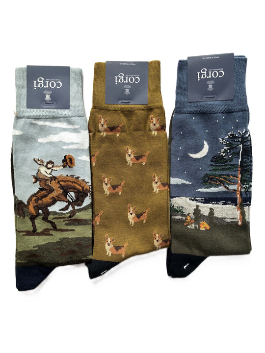 Calcetines 75% algodón delgado, Perros Corgis mas 2 paisajes L, Pack 3