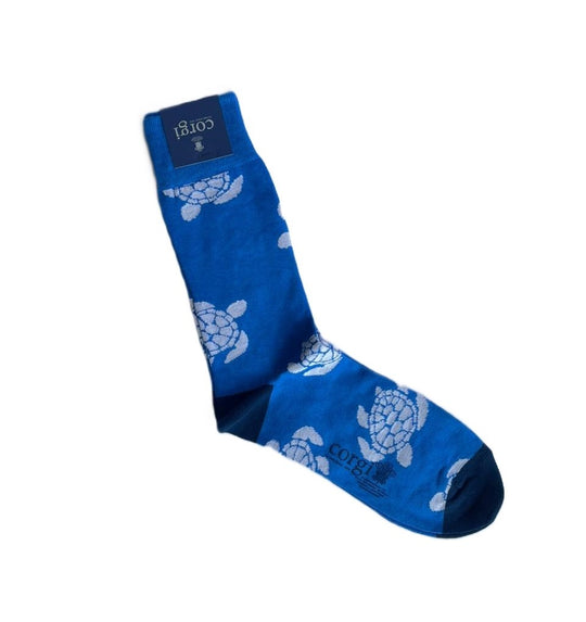 Calcetín Corgi 75% algodón delgado, Tortugas sobre azul, M