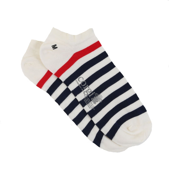 Calcetin 75% algodón corto, Bandas azules sobre blanco M