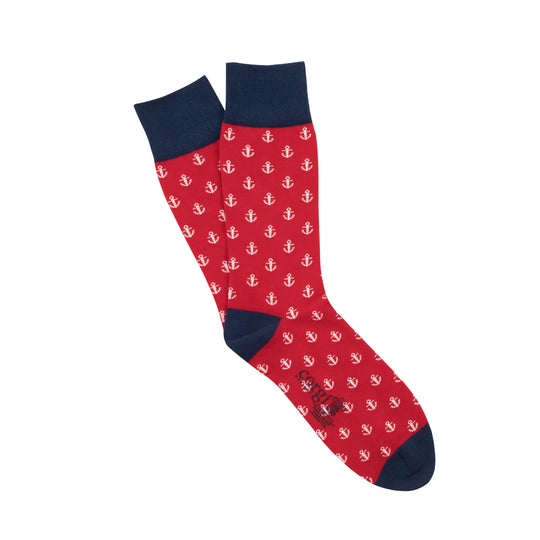 Calcetín 75% algodón delgado, Diseño Anclas sobre rojo M
